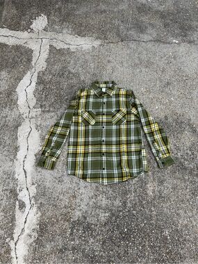 Men's Olive Green Plaid Button-Up Shirt